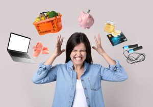 Overwhelmed Woman with different objects surrounding her